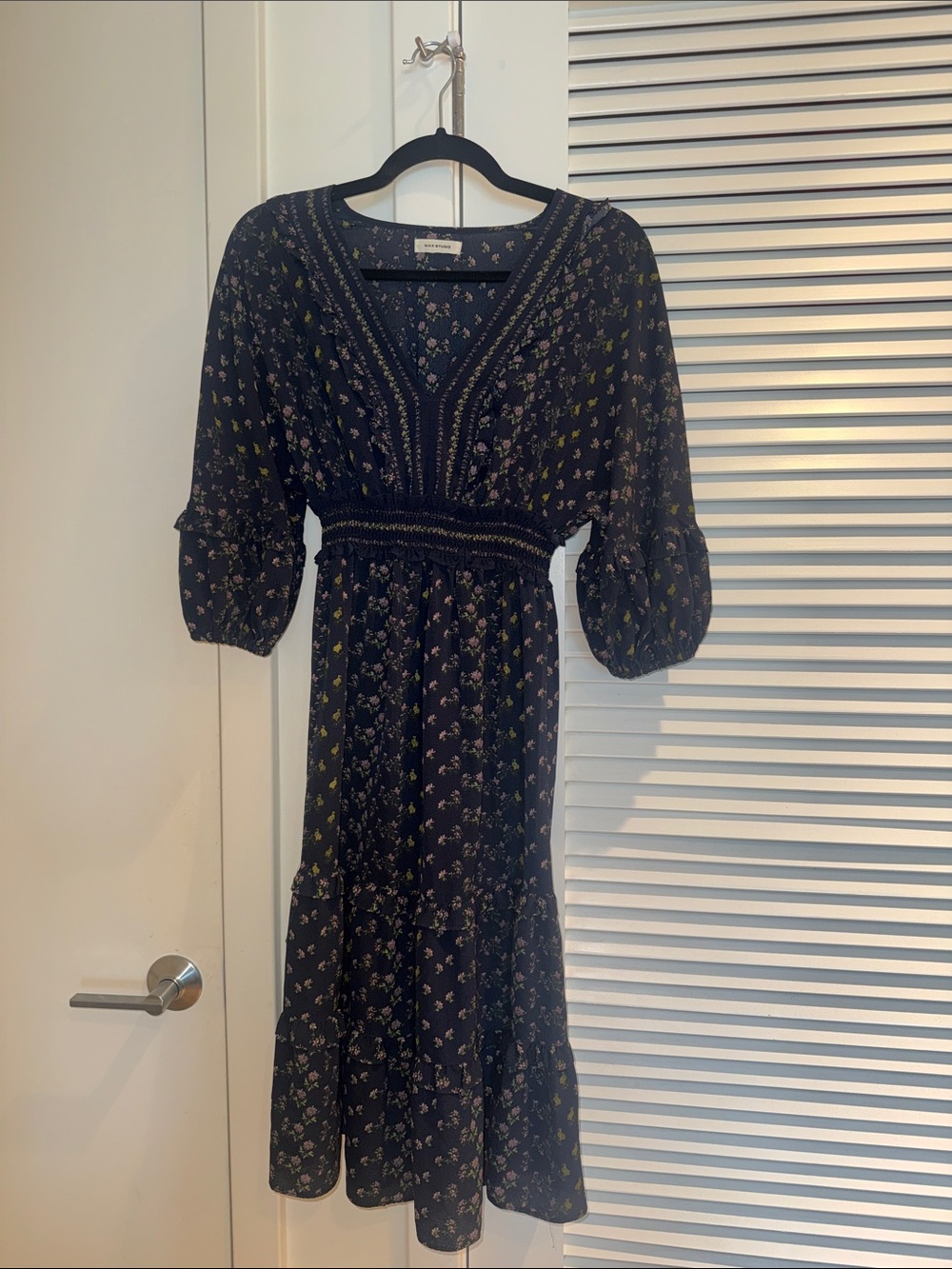 Max Studio Black Floral Midi Dress with Smocked Waist